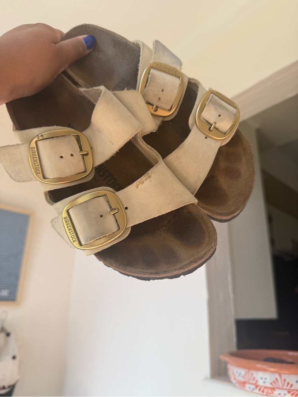 Birkenstock large Buckle Sandals in Cream with Gold Buckle